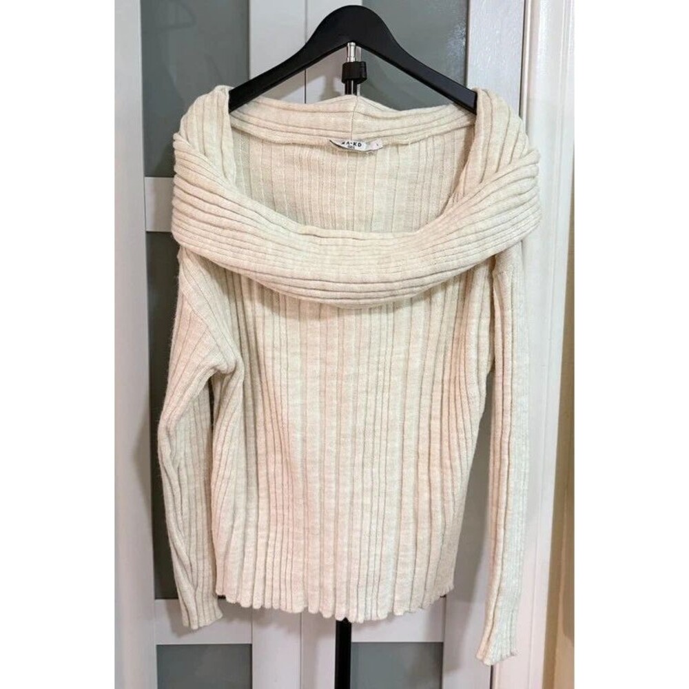 NA-KD Cream White Off The Shoulder Foldover Ribbed Knit Sweater Size L